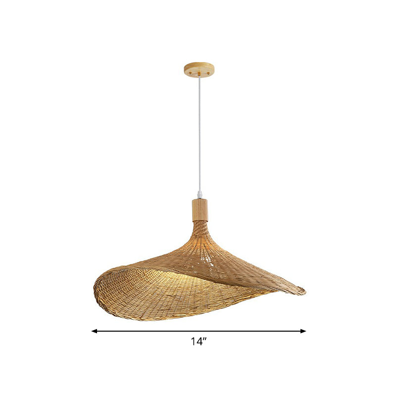 Hat Shaped Pendant Lighting Fixture Asian Bamboo 1-Light Wood Hanging Lamp for Tearoom Wood 14" Clearhalo 'Ceiling Lights' 'Modern Pendants' 'Modern' 'Pendant Lights' 'Pendants' Lighting' 2415386