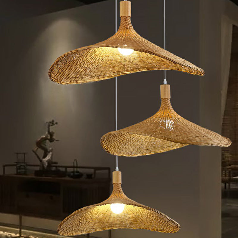 Hat Shaped Pendant Lighting Fixture Asian Bamboo 1-Light Wood Hanging Lamp for Tearoom Clearhalo 'Ceiling Lights' 'Modern Pendants' 'Modern' 'Pendant Lights' 'Pendants' Lighting' 2415388