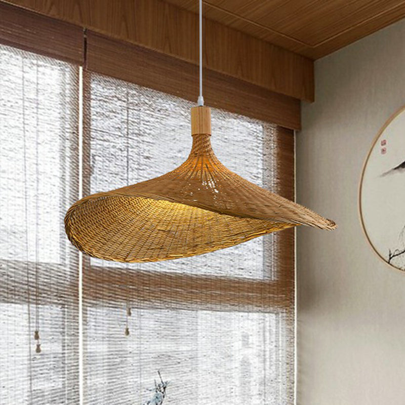 Hat Shaped Pendant Lighting Fixture Asian Bamboo 1-Light Wood Hanging Lamp for Tearoom Clearhalo 'Ceiling Lights' 'Modern Pendants' 'Modern' 'Pendant Lights' 'Pendants' Lighting' 2415390
