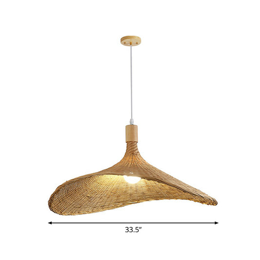 Hat Shaped Pendant Lighting Fixture Asian Bamboo 1-Light Wood Hanging Lamp for Tearoom Wood 33.5" Clearhalo 'Ceiling Lights' 'Modern Pendants' 'Modern' 'Pendant Lights' 'Pendants' Lighting' 2415391