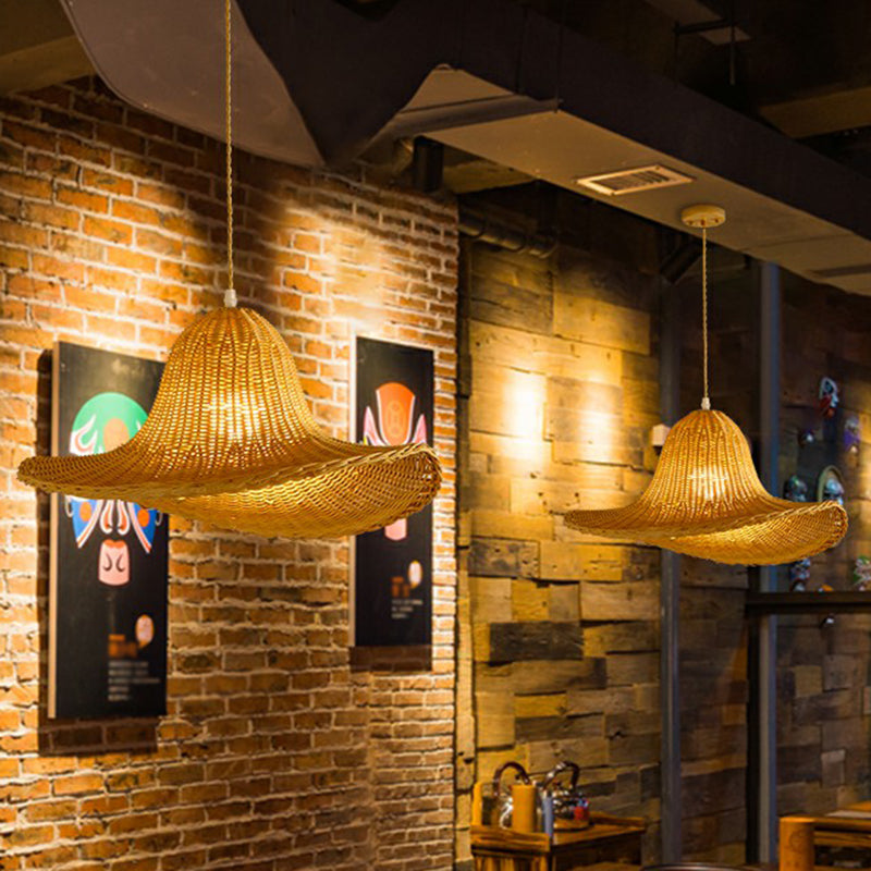 Hat Shaped Pendant Lighting Fixture Asian Bamboo 1-Light Wood Hanging Lamp for Tearoom Clearhalo 'Ceiling Lights' 'Modern Pendants' 'Modern' 'Pendant Lights' 'Pendants' Lighting' 2415392