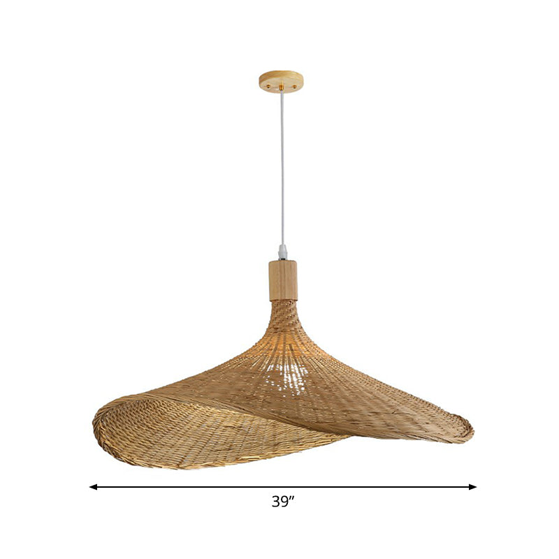 Hat Shaped Pendant Lighting Fixture Asian Bamboo 1-Light Wood Hanging Lamp for Tearoom Wood 39" Clearhalo 'Ceiling Lights' 'Modern Pendants' 'Modern' 'Pendant Lights' 'Pendants' Lighting' 2415396