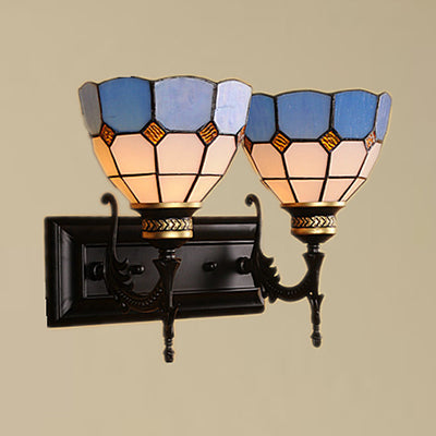 2 Lights Bowl Wall Lighting Industrial Tiffany Stained Glass Indoor Lighting in White/Black for Corridor Black Clearhalo 'Industrial' 'Middle century wall lights' 'Tiffany wall lights' 'Tiffany' 'Wall Lamps & Sconces' 'Wall Lights' Lighting' 24154