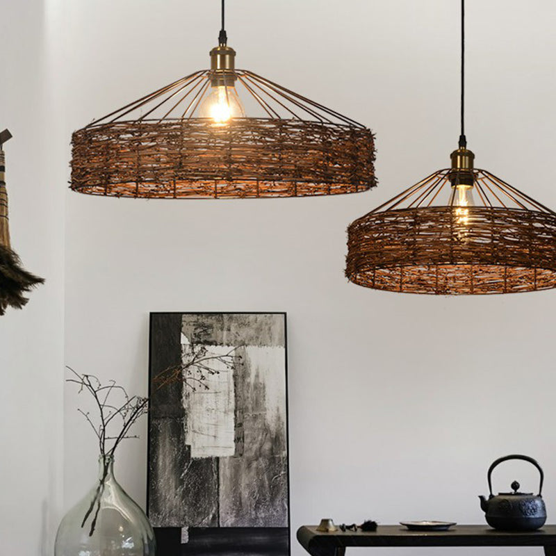 Rattan Barn Shaped Hanging Light Country Style 1 Bulb Brown Pendant for Dining Room Clearhalo 'Ceiling Lights' 'Modern Pendants' 'Modern' 'Pendant Lights' 'Pendants' Lighting' 2415411