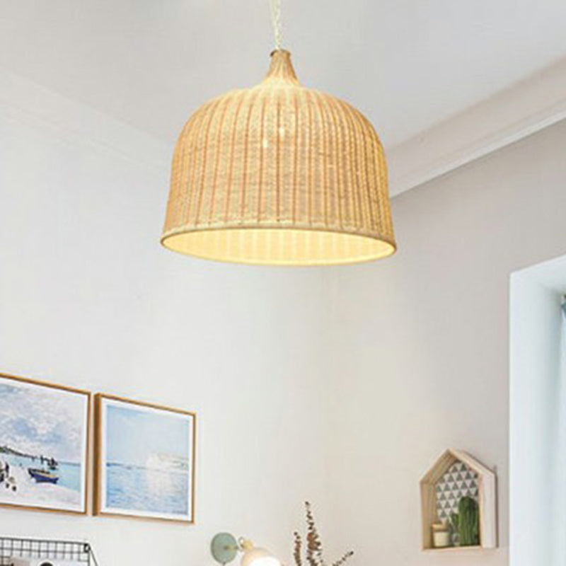 Modern Cloche Shaped Hanging Lamp Bamboo 1-Light Bedroom Ceiling Light Fixture in Wood Clearhalo 'Ceiling Lights' 'Modern Pendants' 'Modern' 'Pendant Lights' 'Pendants' Lighting' 2415430