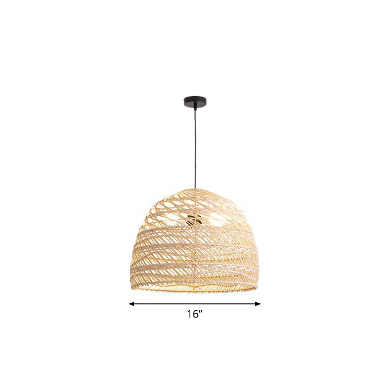 Domed Bedroom Ceiling Pendant Lamp Rattan 1-Head Rustic Suspension Light Fixture Wood Small Round Clearhalo 'Ceiling Lights' 'Modern Pendants' 'Modern' 'Pendant Lights' 'Pendants' Lighting' 2415434