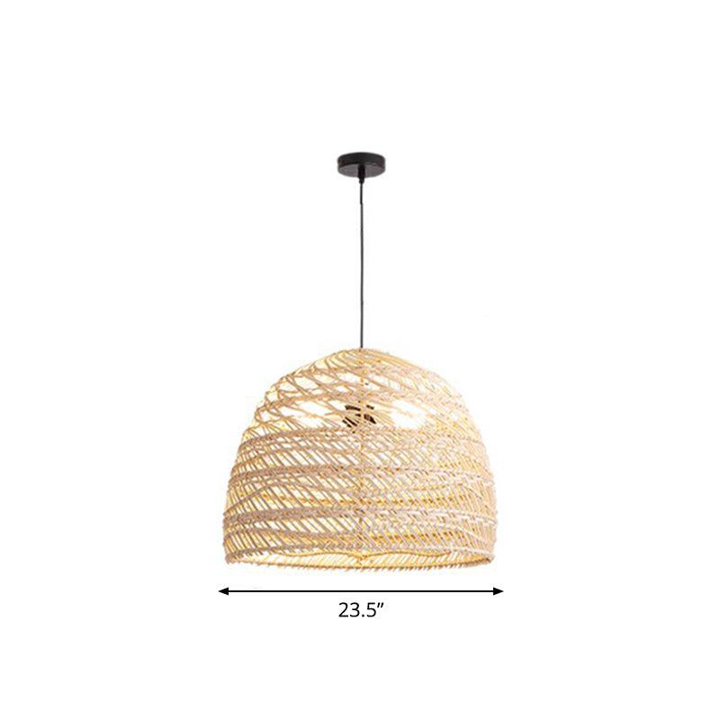 Domed Bedroom Ceiling Pendant Lamp Rattan 1-Head Rustic Suspension Light Fixture Wood Large Round Clearhalo 'Ceiling Lights' 'Modern Pendants' 'Modern' 'Pendant Lights' 'Pendants' Lighting' 2415441