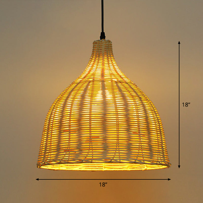 Bell Shade Tea Room Pendant Lighting Bamboo Single-Bulb Asian Ceiling Suspension Lamp in Wood Wood 18" Clearhalo 'Ceiling Lights' 'Modern Pendants' 'Modern' 'Pendant Lights' 'Pendants' Lighting' 2415446