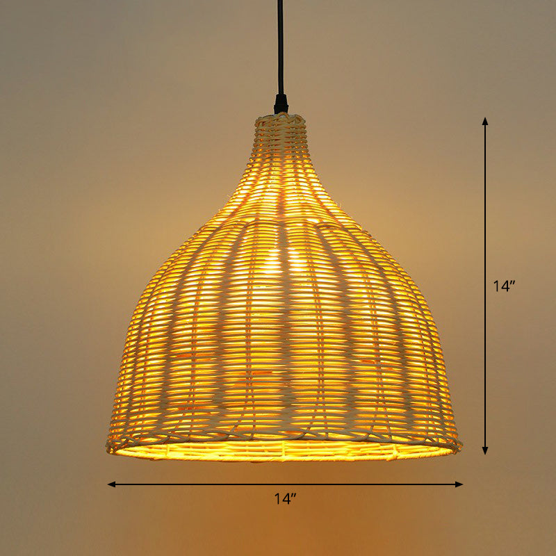 Bell Shade Tea Room Pendant Lighting Bamboo Single-Bulb Asian Ceiling Suspension Lamp in Wood Wood 14" Clearhalo 'Ceiling Lights' 'Modern Pendants' 'Modern' 'Pendant Lights' 'Pendants' Lighting' 2415447