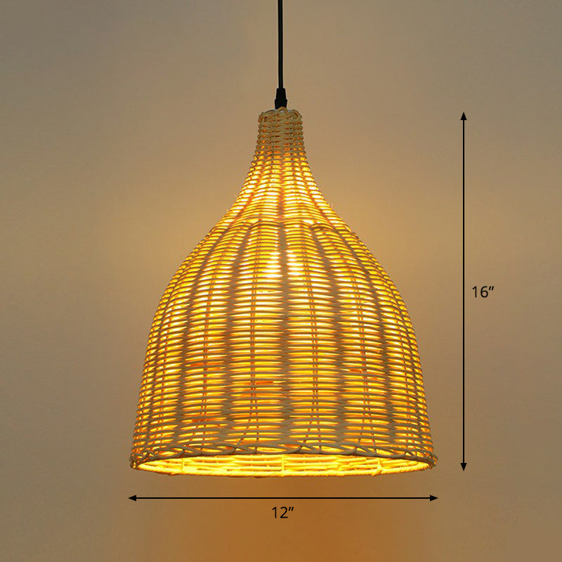 Bell Shade Tea Room Pendant Lighting Bamboo Single-Bulb Asian Ceiling Suspension Lamp in Wood Wood 12" Clearhalo 'Ceiling Lights' 'Modern Pendants' 'Modern' 'Pendant Lights' 'Pendants' Lighting' 2415449