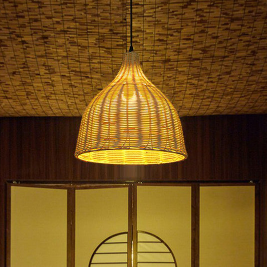 Bell Shade Tea Room Pendant Lighting Bamboo Single-Bulb Asian Ceiling Suspension Lamp in Wood Clearhalo 'Ceiling Lights' 'Modern Pendants' 'Modern' 'Pendant Lights' 'Pendants' Lighting' 2415450