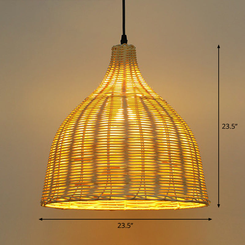 Bell Shade Tea Room Pendant Lighting Bamboo Single-Bulb Asian Ceiling Suspension Lamp in Wood Wood 23.5" Clearhalo 'Ceiling Lights' 'Modern Pendants' 'Modern' 'Pendant Lights' 'Pendants' Lighting' 2415452