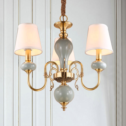 3 Heads Chandelier Traditional Tapered Shade Fabric Ceiling Light in Gold for Dining Room Clearhalo 'Ceiling Lights' 'Chandeliers' 'Modern Chandeliers' 'Modern' Lighting' 2415472
