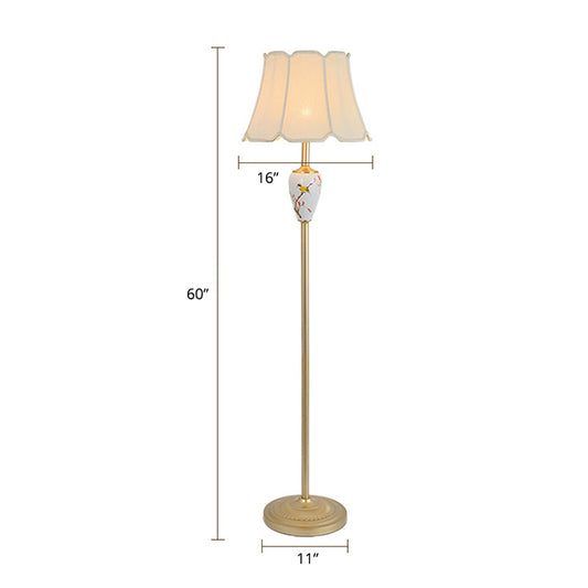 Fabric Flared Floor Light Classic 1-Light Living Room Accent Lamp with Scalloped Trimming in Gold Gold Octagon Clearhalo 'Floor Lamps' 'Lamps' Lighting' 2415496