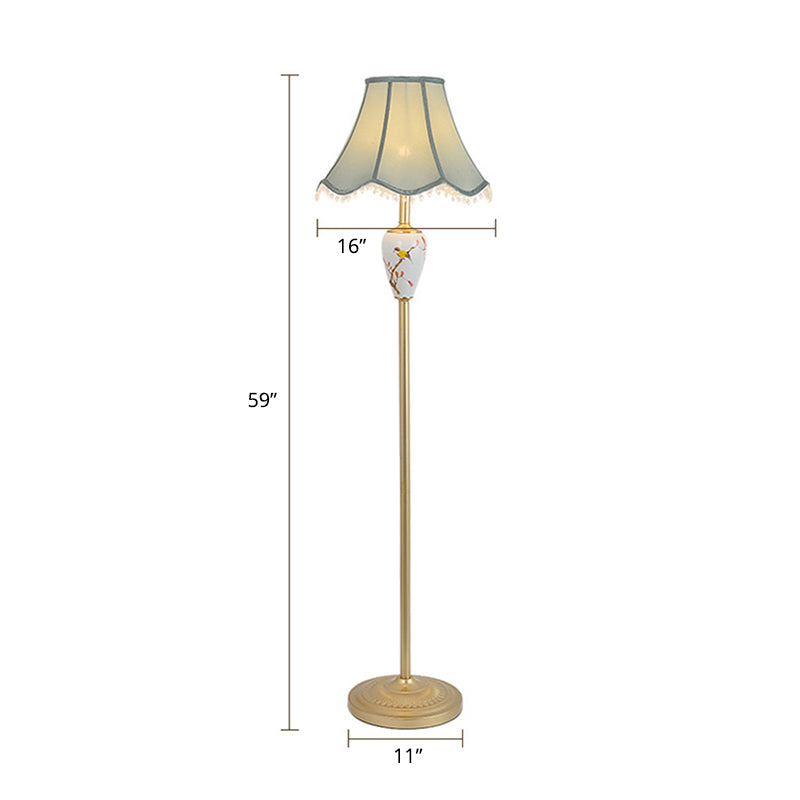 Fabric Flared Floor Light Classic 1-Light Living Room Accent Lamp with Scalloped Trimming in Gold Gold Bead Clearhalo 'Floor Lamps' 'Lamps' Lighting' 2415497