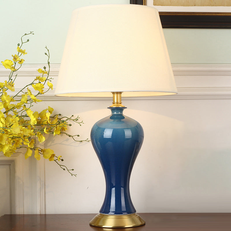 Modern Empire Shade Night Light Fabric 1-Light Bedside Table Lamp with Pottery Base in Blue Blue Round Clearhalo 'Lamps' 'Table Lamps' Lighting' 2415520