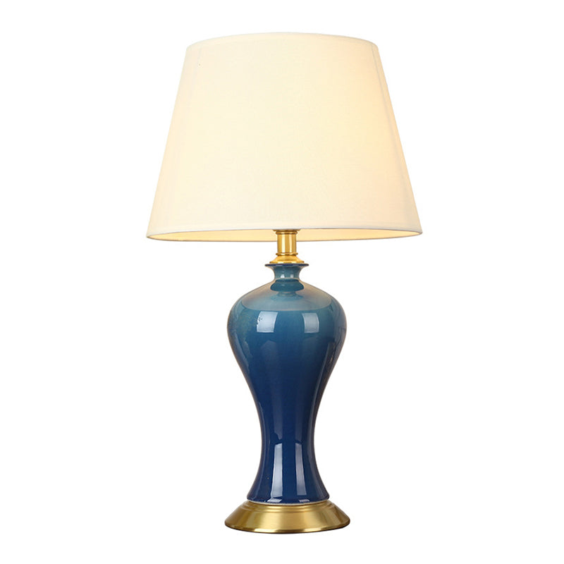 Modern Empire Shade Night Light Fabric 1-Light Bedside Table Lamp with Pottery Base in Blue Clearhalo 'Lamps' 'Table Lamps' Lighting' 2415522