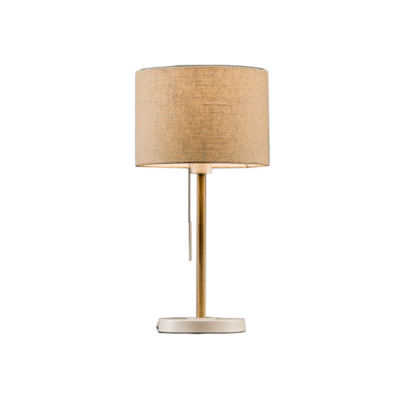 Drum Fabric Table Light Postmodern 1 Head Beige Nightstand Lamp with Pulling Chain Clearhalo 'Lamps' 'Table Lamps' Lighting' 2415546