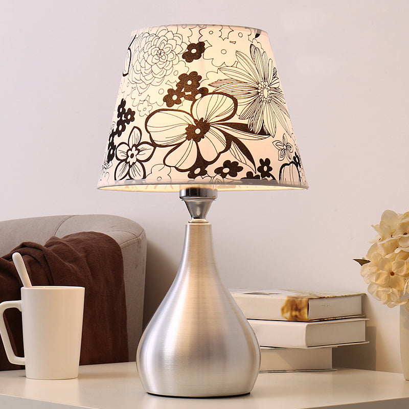 Silver Drop-Like Table Lamp Modern 1-Light Aluminum Night Light with Cone Fabric Shade Silver Colorful Flower Clearhalo 'Lamps' 'Table Lamps' Lighting' 2415553