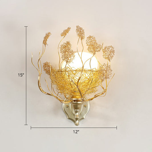 Egg Shaped Wall Lamp Decorative White Glass 1 Head Bedroom Sconce Light with Aluminum Wire Nest in Gold Gold Warm Regular Clearhalo 'Art deco wall lights' 'Cast Iron' 'Glass' 'Industrial wall lights' 'Industrial' 'Middle century wall lights' 'Modern' 'Rustic wall lights' 'Tiffany' 'Traditional wall lights' 'Wall Lamps & Sconces' 'Wall Lights' Lighting' 2415581