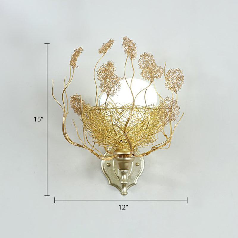 Egg Shaped Wall Lamp Decorative White Glass 1 Head Bedroom Sconce Light with Aluminum Wire Nest in Gold Gold White Regular Clearhalo 'Art deco wall lights' 'Cast Iron' 'Glass' 'Industrial wall lights' 'Industrial' 'Middle century wall lights' 'Modern' 'Rustic wall lights' 'Tiffany' 'Traditional wall lights' 'Wall Lamps & Sconces' 'Wall Lights' Lighting' 2415582