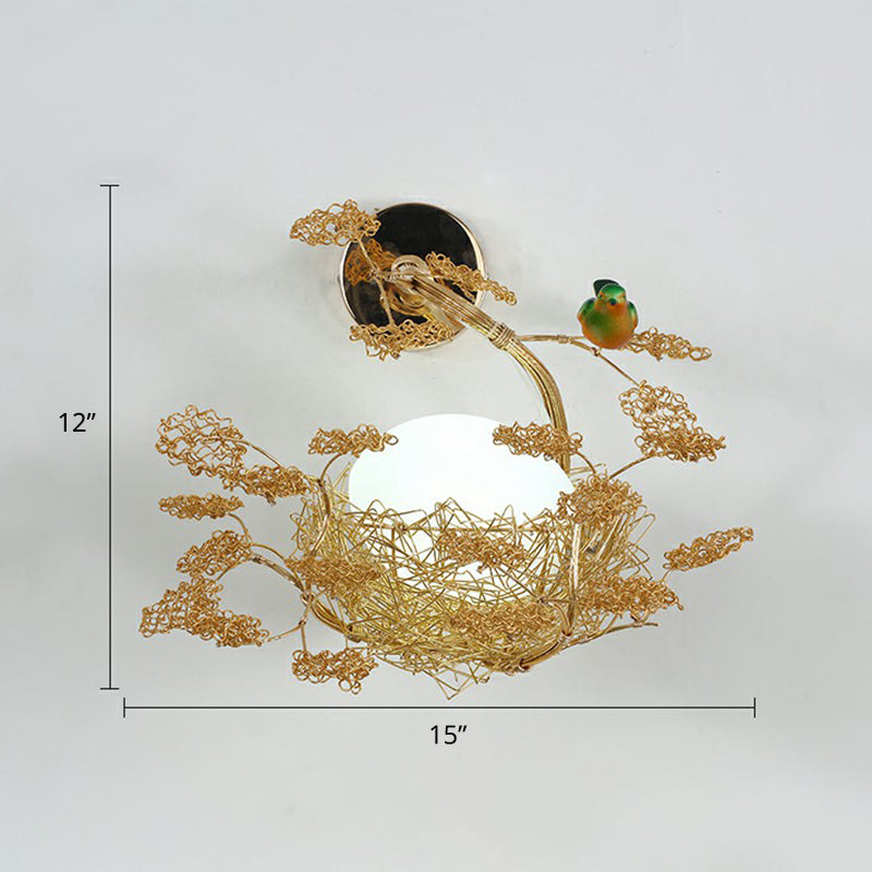 Egg Shaped Wall Lamp Decorative White Glass 1 Head Bedroom Sconce Light with Aluminum Wire Nest in Gold Gold White Bird Clearhalo 'Art deco wall lights' 'Cast Iron' 'Glass' 'Industrial wall lights' 'Industrial' 'Middle century wall lights' 'Modern' 'Rustic wall lights' 'Tiffany' 'Traditional wall lights' 'Wall Lamps & Sconces' 'Wall Lights' Lighting' 2415586