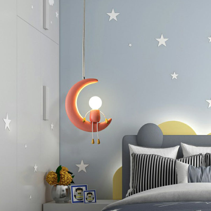 Moon and Stick Figure Hanging Light Creative Resin 1-Head Drop Pendant for Kids Bedroom Clearhalo 'Art Deco Pendants' 'Cast Iron' 'Ceiling Lights' 'Ceramic' 'Crystal' 'Industrial Pendants' 'Industrial' 'Metal' 'Middle Century Pendants' 'Pendant Lights' 'Pendants' 'Tiffany' Lighting' 2415624