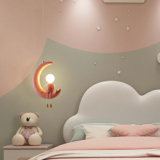 Moon and Stick Figure Hanging Light Creative Resin 1-Head Drop Pendant for Kids Bedroom Clearhalo 'Art Deco Pendants' 'Cast Iron' 'Ceiling Lights' 'Ceramic' 'Crystal' 'Industrial Pendants' 'Industrial' 'Metal' 'Middle Century Pendants' 'Pendant Lights' 'Pendants' 'Tiffany' Lighting' 2415625