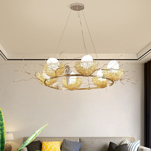 Artistic Bird Nest and Egg Chandelier Aluminum Dining Room Pendant Light in Gold 6 Gold Clearhalo 'Cast Iron' 'Ceiling Lights' 'Chandeliers' 'Industrial Chandeliers' 'Industrial' 'Metal' 'Middle Century Chandeliers' 'Rustic Chandeliers' 'Tiffany' Lighting' 2415636