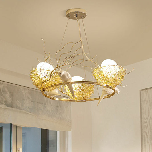 Artistic Bird Nest and Egg Chandelier Aluminum Dining Room Pendant Light in Gold 3 Gold Clearhalo 'Cast Iron' 'Ceiling Lights' 'Chandeliers' 'Industrial Chandeliers' 'Industrial' 'Metal' 'Middle Century Chandeliers' 'Rustic Chandeliers' 'Tiffany' Lighting' 2415637