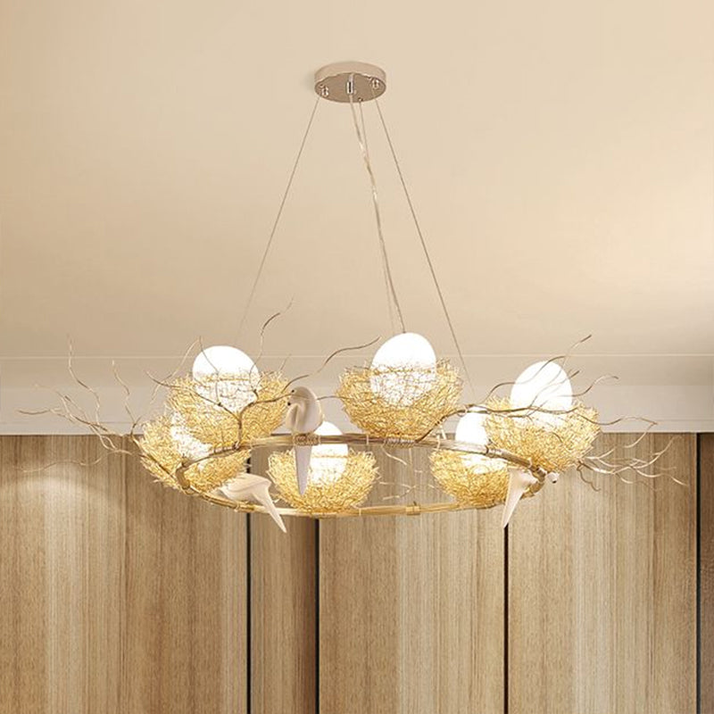 Artistic Bird Nest and Egg Chandelier Aluminum Dining Room Pendant Light in Gold Clearhalo 'Cast Iron' 'Ceiling Lights' 'Chandeliers' 'Industrial Chandeliers' 'Industrial' 'Metal' 'Middle Century Chandeliers' 'Rustic Chandeliers' 'Tiffany' Lighting' 2415638