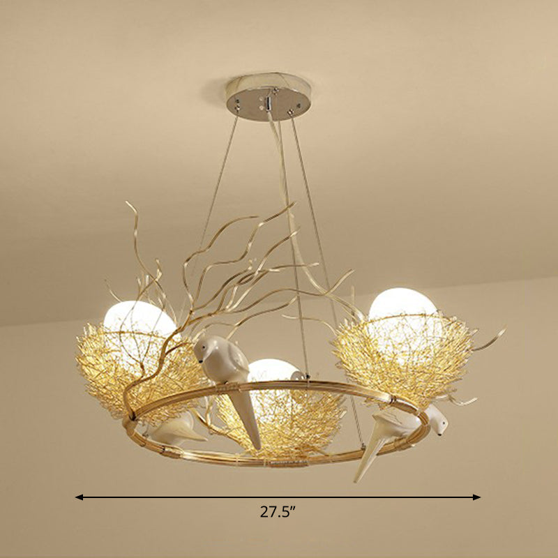 Artistic Bird Nest and Egg Chandelier Aluminum Dining Room Pendant Light in Gold Clearhalo 'Cast Iron' 'Ceiling Lights' 'Chandeliers' 'Industrial Chandeliers' 'Industrial' 'Metal' 'Middle Century Chandeliers' 'Rustic Chandeliers' 'Tiffany' Lighting' 2415639