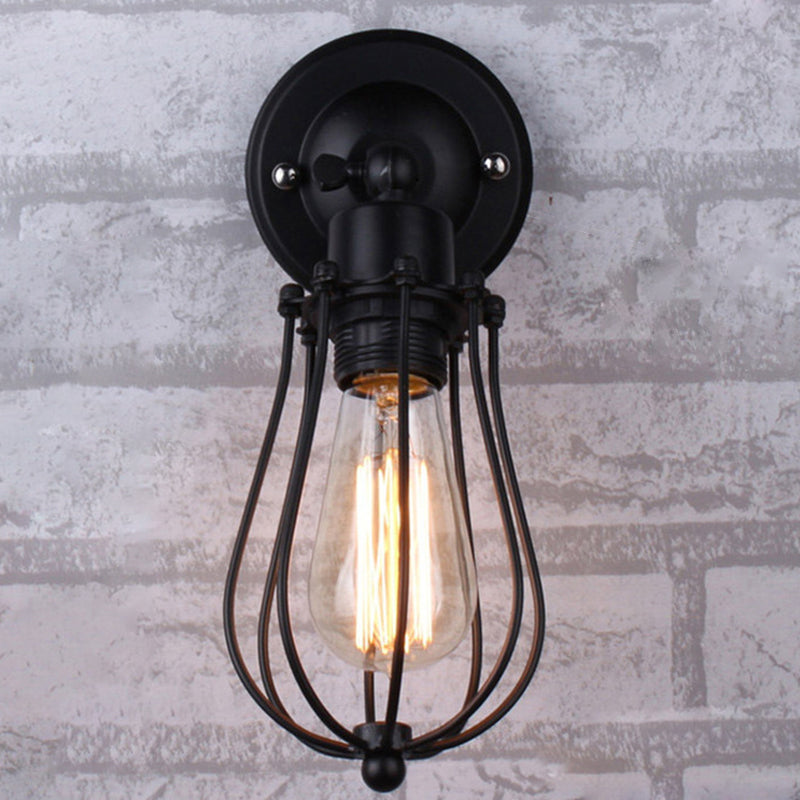 Black Bulb Shaped Cage Wall Mount Light Industrial Metal Bedroom Sconce Lamp with Pivot Joint 1.0 Black Clearhalo 'Art deco wall lights' 'Cast Iron' 'Glass' 'Industrial wall lights' 'Industrial' 'Middle century wall lights' 'Modern' 'Rustic wall lights' 'Tiffany' 'Traditional wall lights' 'Wall Lamps & Sconces' 'Wall Lights' Lighting' 2415663