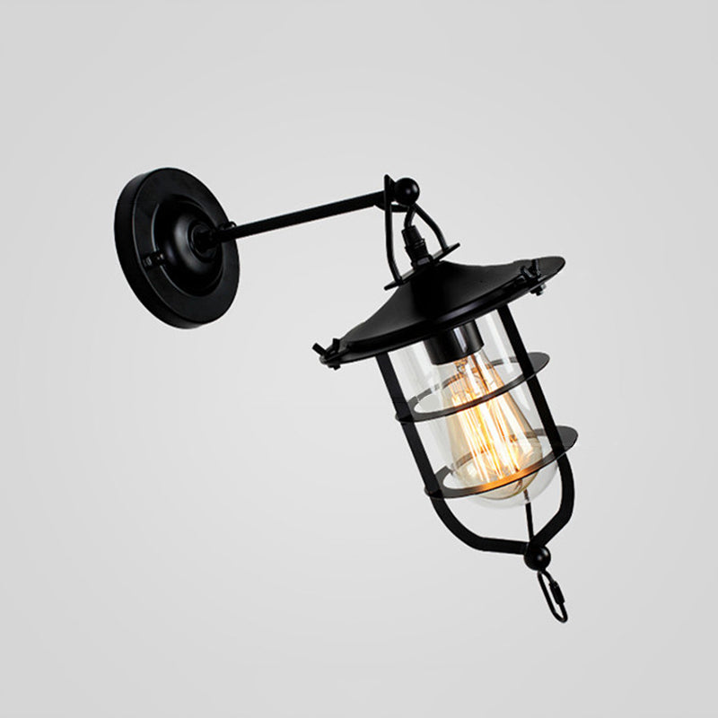 Black Single Wall Light Fixture Industrial Metal Wire Cage Wall Sconce with Clear Glass Shade Clearhalo 'Art deco wall lights' 'Cast Iron' 'Glass' 'Industrial wall lights' 'Industrial' 'Middle century wall lights' 'Modern' 'Rustic wall lights' 'Tiffany' 'Traditional wall lights' 'Wall Lamps & Sconces' 'Wall Lights' Lighting' 2415678