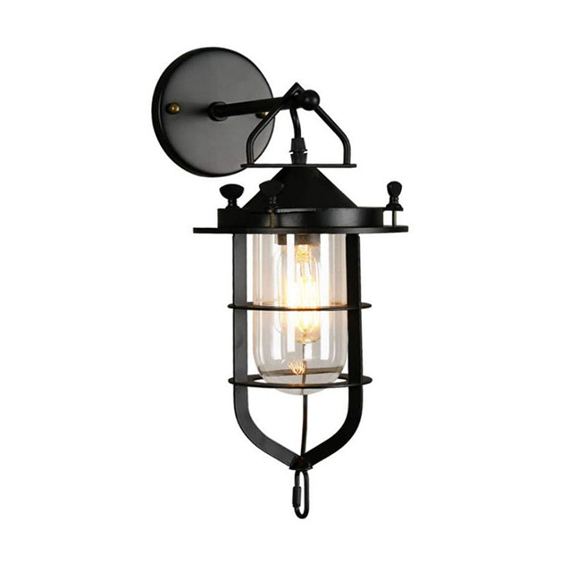 Black Single Wall Light Fixture Industrial Metal Wire Cage Wall Sconce with Clear Glass Shade Clearhalo 'Art deco wall lights' 'Cast Iron' 'Glass' 'Industrial wall lights' 'Industrial' 'Middle century wall lights' 'Modern' 'Rustic wall lights' 'Tiffany' 'Traditional wall lights' 'Wall Lamps & Sconces' 'Wall Lights' Lighting' 2415679