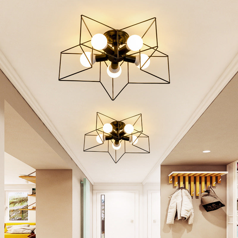 Star Shaped Bedroom Semi Flush Mount Lamp Vintage Metal 5 Bulbs Ceiling Light Fixture Clearhalo 'Ceiling Lights' 'Close To Ceiling Lights' 'Close to ceiling' 'Semi-flushmount' Lighting' 2415680