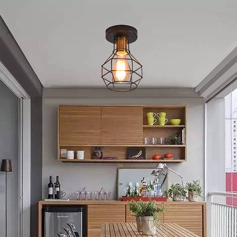 1-Light Semi Flush Mount Industrial Balcony Ceiling Mounted Light with Ball Shaped Metal Cage in Black Clearhalo 'Ceiling Lights' 'Close To Ceiling Lights' 'Close to ceiling' 'Semi-flushmount' Lighting' 2415696