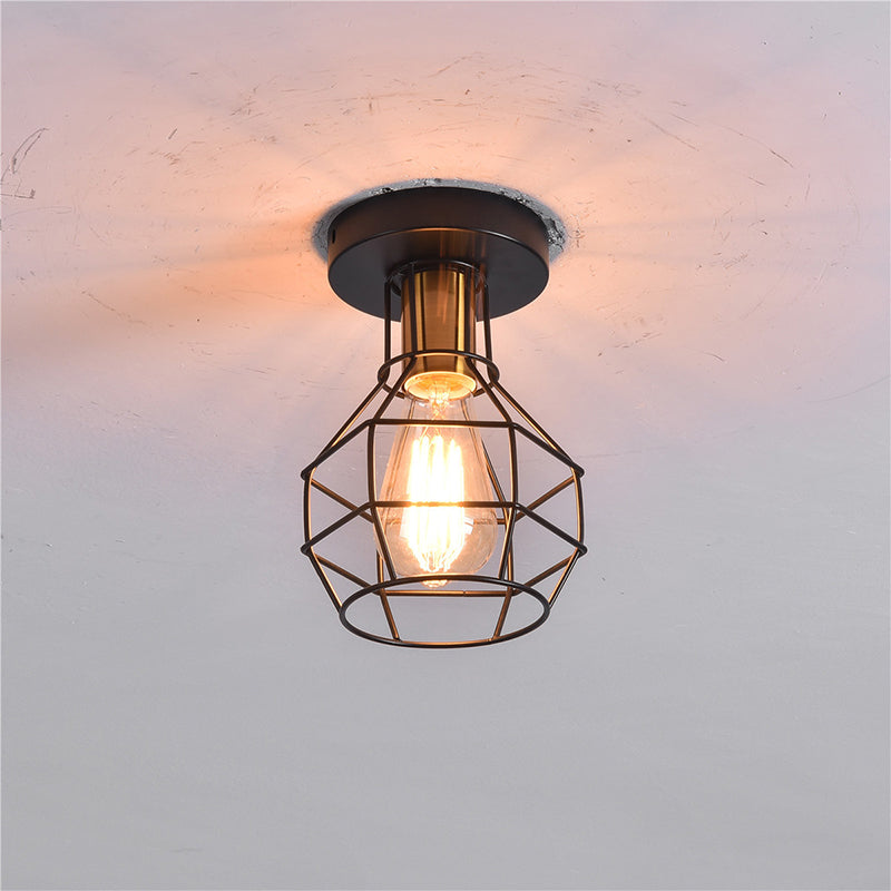 1-Light Semi Flush Mount Industrial Balcony Ceiling Mounted Light with Ball Shaped Metal Cage in Black Black Clearhalo 'Ceiling Lights' 'Close To Ceiling Lights' 'Close to ceiling' 'Semi-flushmount' Lighting' 2415697