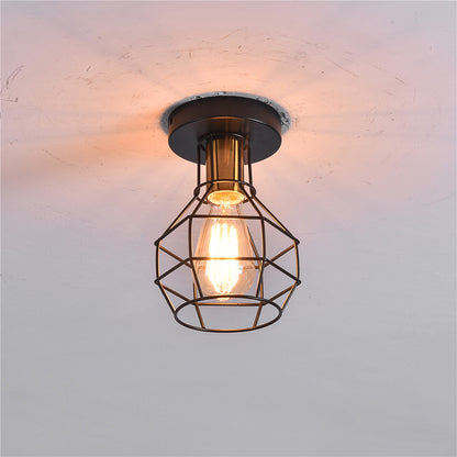 1-Light Semi Flush Mount Industrial Balcony Ceiling Mounted Light with Ball Shaped Metal Cage in Black Black Clearhalo 'Ceiling Lights' 'Close To Ceiling Lights' 'Close to ceiling' 'Semi-flushmount' Lighting' 2415697