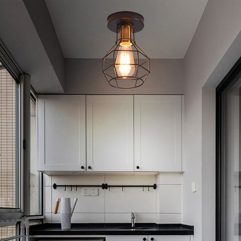 1-Light Semi Flush Mount Industrial Balcony Ceiling Mounted Light with Ball Shaped Metal Cage in Black Clearhalo 'Ceiling Lights' 'Close To Ceiling Lights' 'Close to ceiling' 'Semi-flushmount' Lighting' 2415698