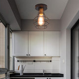 1-Light Semi Flush Mount Industrial Balcony Ceiling Mounted Light with Ball Shaped Metal Cage in Black Clearhalo 'Ceiling Lights' 'Close To Ceiling Lights' 'Close to ceiling' 'Semi-flushmount' Lighting' 2415698