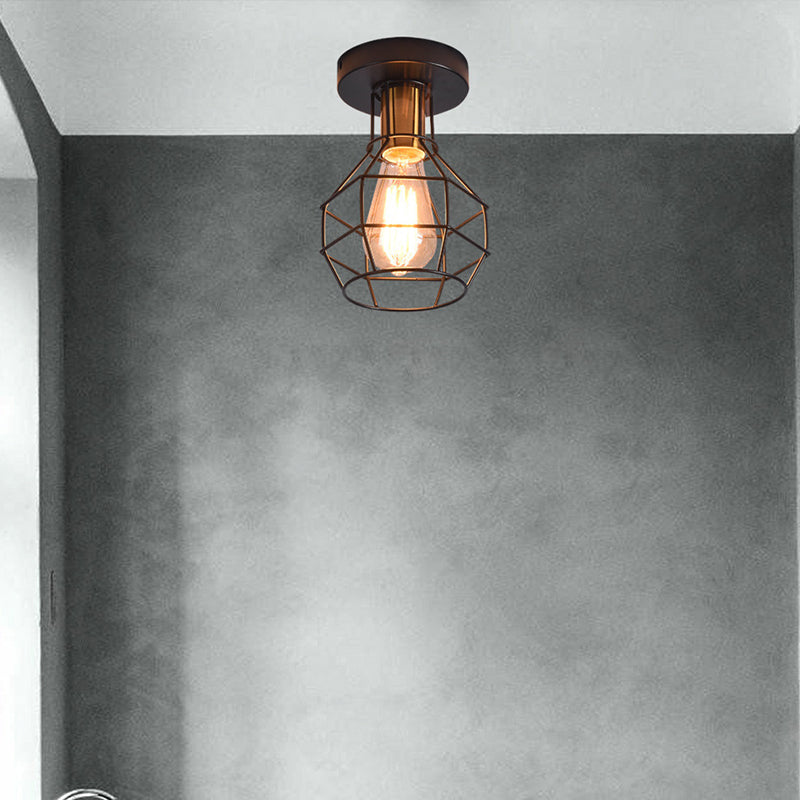 1-Light Semi Flush Mount Industrial Balcony Ceiling Mounted Light with Ball Shaped Metal Cage in Black Clearhalo 'Ceiling Lights' 'Close To Ceiling Lights' 'Close to ceiling' 'Semi-flushmount' Lighting' 2415699