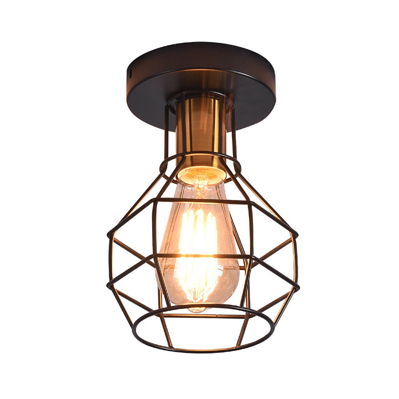 1-Light Semi Flush Mount Industrial Balcony Ceiling Mounted Light with Ball Shaped Metal Cage in Black Clearhalo 'Ceiling Lights' 'Close To Ceiling Lights' 'Close to ceiling' 'Semi-flushmount' Lighting' 2415700