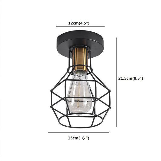 1-Light Semi Flush Mount Industrial Balcony Ceiling Mounted Light with Ball Shaped Metal Cage in Black Clearhalo 'Ceiling Lights' 'Close To Ceiling Lights' 'Close to ceiling' 'Semi-flushmount' Lighting' 2415701