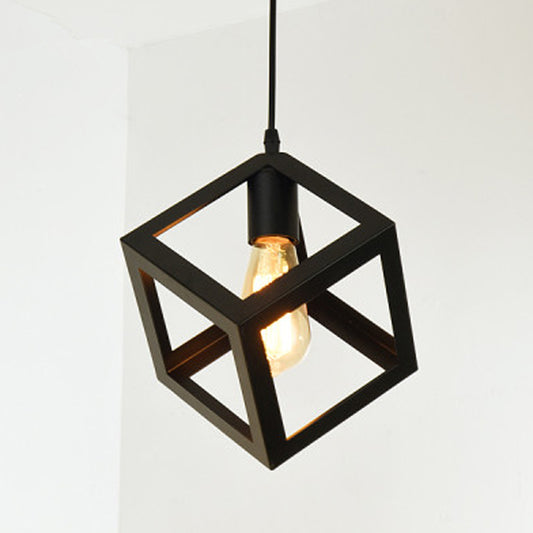 Metal Black Finish Hanging Lamp Geometrical Cage Single Industrial Style Ceiling Pendant Light Black Square Clearhalo 'Art Deco Pendants' 'Black' 'Cast Iron' 'Ceiling Lights' 'Ceramic' 'Crystal' 'Industrial Pendants' 'Industrial' 'Metal' 'Middle Century Pendants' 'Pendant Lights' 'Pendants' 'Rustic Pendants' 'Tiffany' Lighting' 2415702