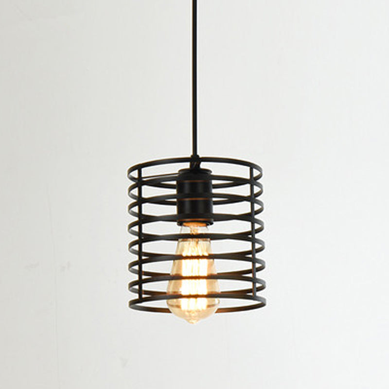 Metal Black Finish Hanging Lamp Geometrical Cage Single Industrial Style Ceiling Pendant Light Black Cylinder Clearhalo 'Art Deco Pendants' 'Black' 'Cast Iron' 'Ceiling Lights' 'Ceramic' 'Crystal' 'Industrial Pendants' 'Industrial' 'Metal' 'Middle Century Pendants' 'Pendant Lights' 'Pendants' 'Rustic Pendants' 'Tiffany' Lighting' 2415703