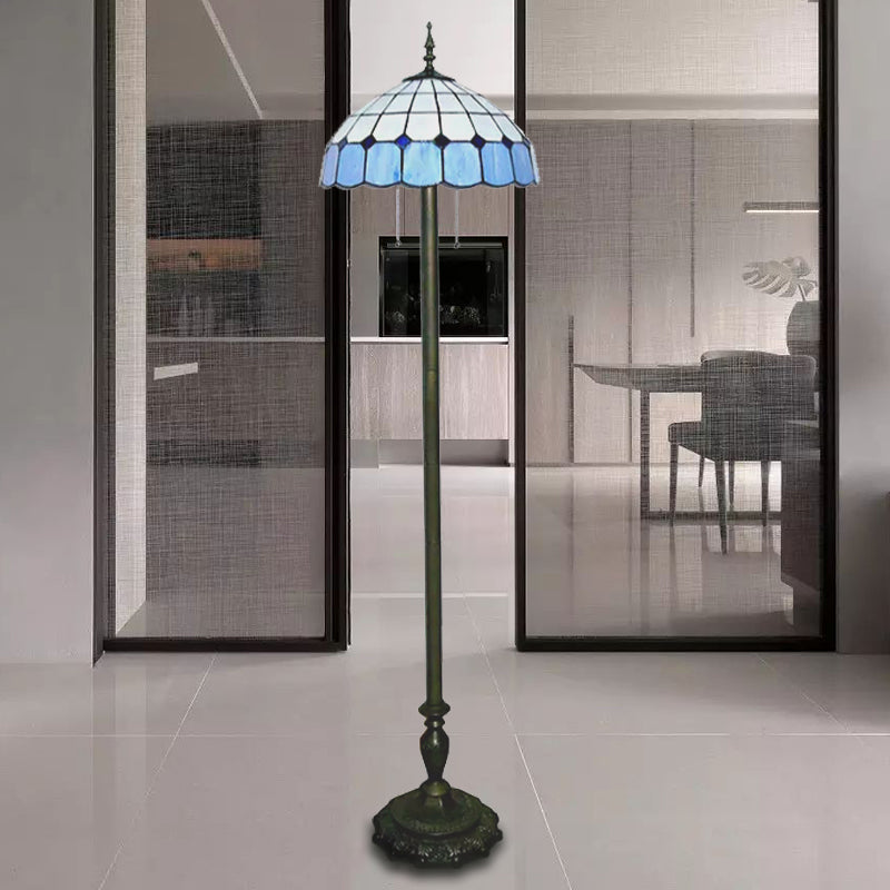 Grid Dome Standing Floor Lamp 1 Light Stainless Glass Tiffany Stylish Floor Light in Blue for Living Room Blue Clearhalo 'Floor Lamps' 'Lamps' Lighting' 241573