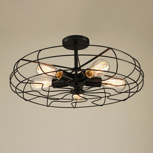 Iron Wire Round Suspension Lamp Industrial 5-Head Bedroom Chandelier Light in Black Black Clearhalo 'Cast Iron' 'Ceiling Lights' 'Chandeliers' 'Industrial Chandeliers' 'Industrial' 'Metal' 'Middle Century Chandeliers' 'Rustic Chandeliers' 'Tiffany' Lighting' 2415743
