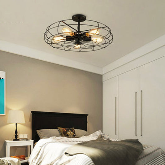 Iron Wire Round Suspension Lamp Industrial 5-Head Bedroom Chandelier Light in Black Clearhalo 'Cast Iron' 'Ceiling Lights' 'Chandeliers' 'Industrial Chandeliers' 'Industrial' 'Metal' 'Middle Century Chandeliers' 'Rustic Chandeliers' 'Tiffany' Lighting' 2415744
