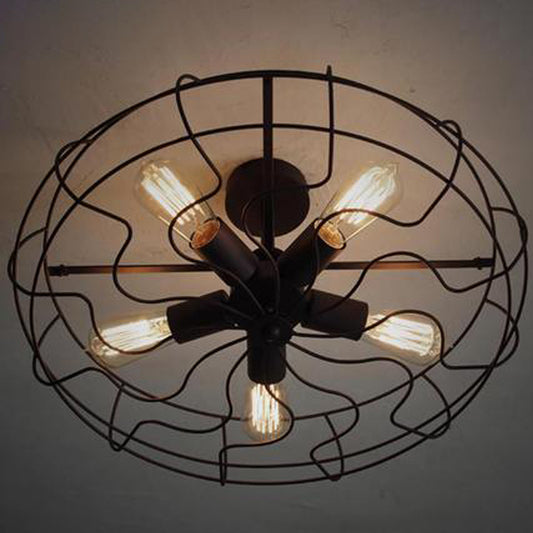 Iron Wire Round Suspension Lamp Industrial 5-Head Bedroom Chandelier Light in Black Clearhalo 'Cast Iron' 'Ceiling Lights' 'Chandeliers' 'Industrial Chandeliers' 'Industrial' 'Metal' 'Middle Century Chandeliers' 'Rustic Chandeliers' 'Tiffany' Lighting' 2415746